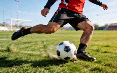 足球运动员在训练中练习射门技术动作特写